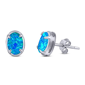 Art Deco Oval Stud Earring Created Blue Opal Solid 925 Sterling Silver (8mm)